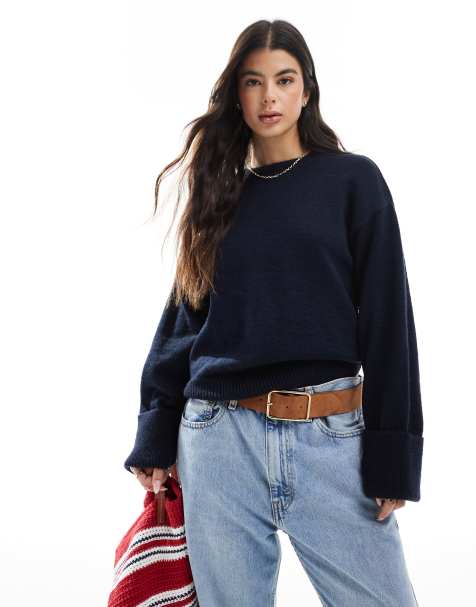 Miss Selfridge – Granatowy dzianinowy sweter z okrągłym dekoltem - view 1