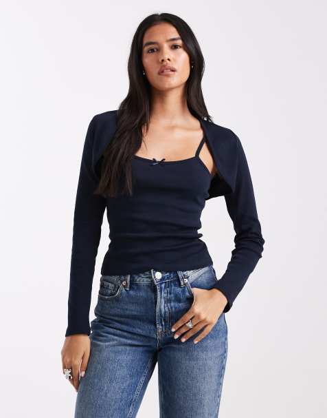 Miss Selfridge 2 in 1 rib shrug cami set in navy