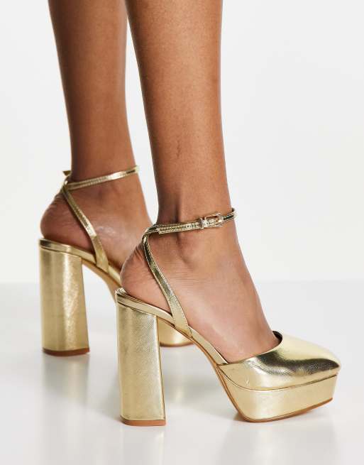 Gold heels cheap closed hot sale toe