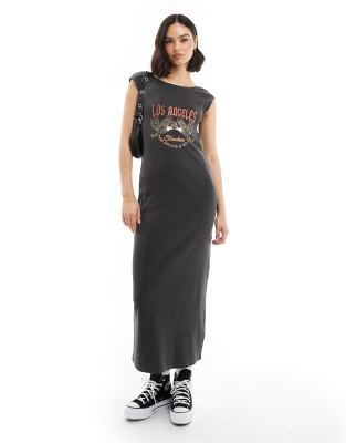 graphic print midaxi dress in washed gray