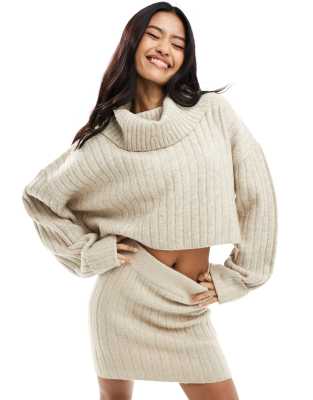 Miss Selfridge - Grob gerippter Pullover in Hellbeige mit Wasserfallausschnitt, Kombiteil-Neutral