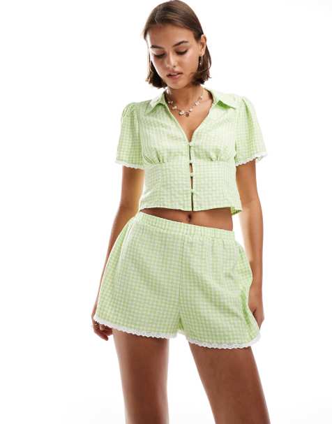 Miss Selfridge – Grön, ginghamrutig topp med figurnära design, del av set - view 1