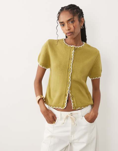 Miss Selfridge – Grön, stickad kofta med korta ärmar och langettsömmar - view 1