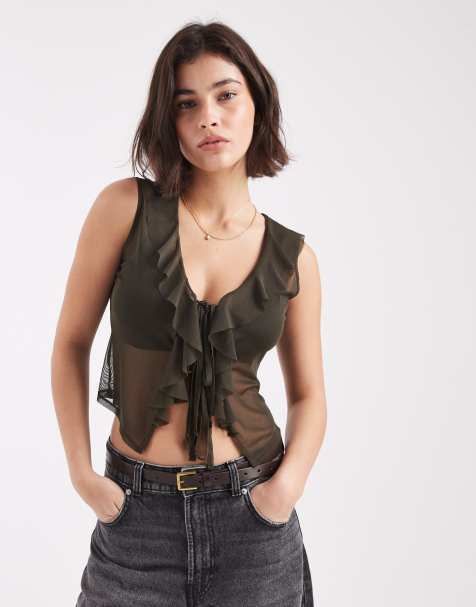 Miss Selfridge – Grön topp med volang - view 1