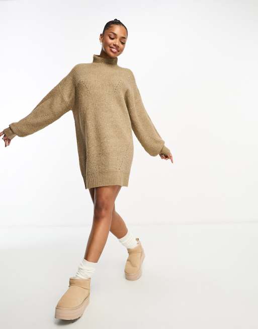Miss Selfridge grown on neck balloon sleeve knit mini dress in mushroom