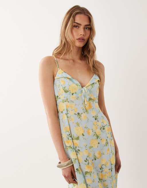 Miss Selfridge – Gul, blommig, somrig maxiklänning med smala axelband, 3 av 4