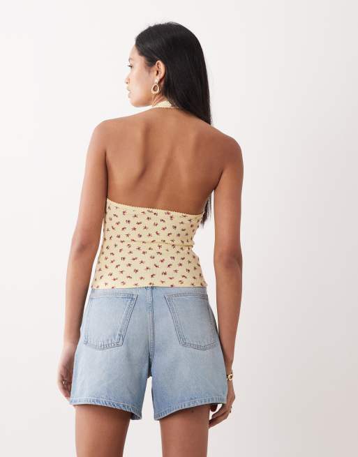 Miss Selfridge - Gul halterneck-top med picot-kant og småblomstret print, 4 af 4