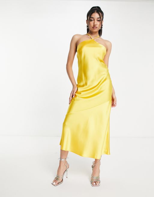 Miss Selfridge – Gul maxi-slipklänning i satin med halterneck , 3 av 4
