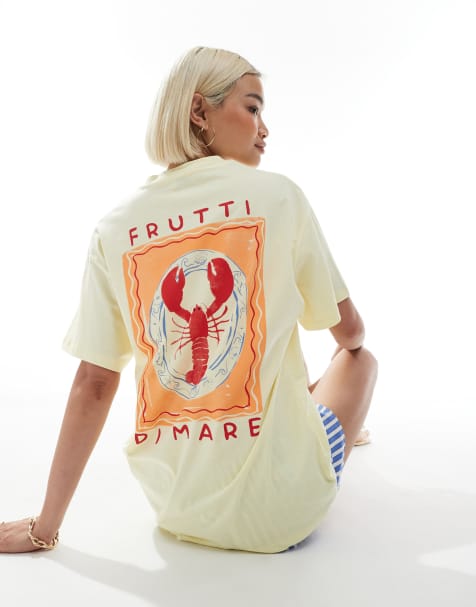 Miss Selfridge - Gul oversized T-shirt med hummerprint på ryggen - view 1