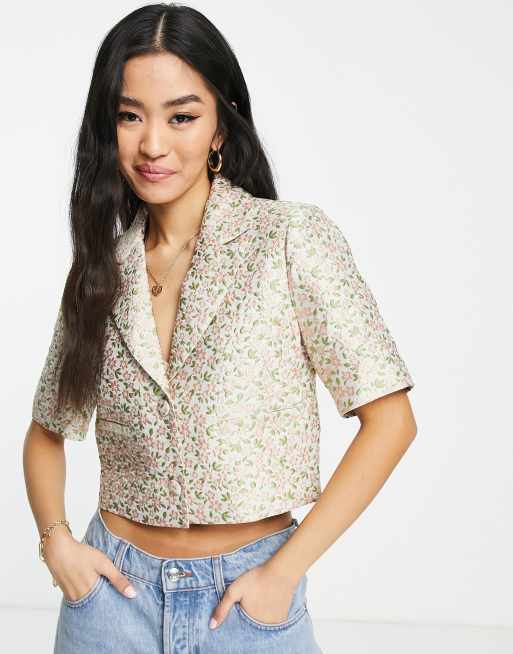 Miss Selfridge – Guldfärgad, blommig kavaj i jacquard