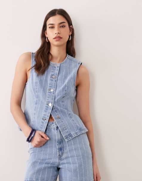 Miss Selfridge - Habitvest med striber i denim i blå vask - view 1