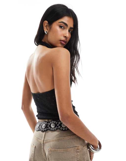 Miss Selfridge – Häkel-Neckholder-Top in Schwarz aus Jersey mit V-Ausschnitt, 3 von 4