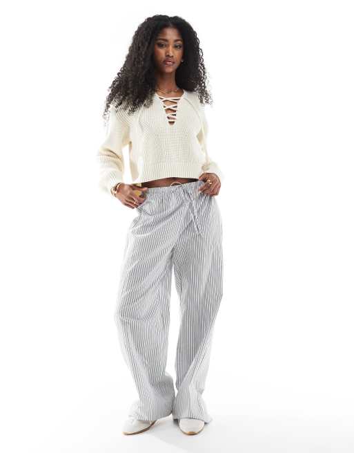 Miss Selfridge half lace up sweater in cream