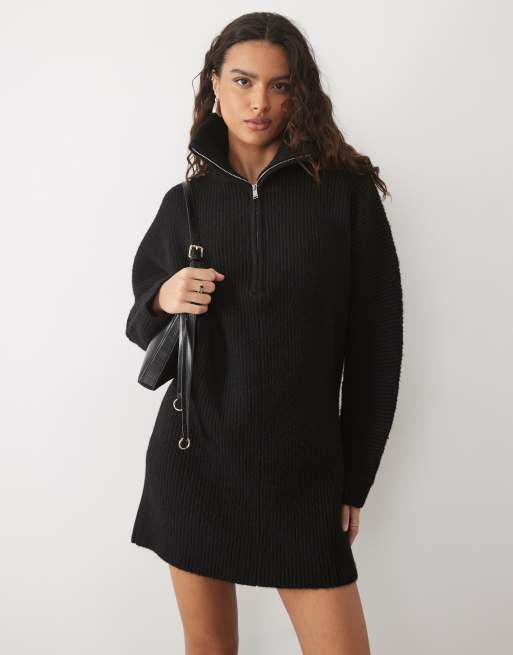 Miss Selfridge half zip batwing chunky knit mini dress in black, 3 of 4
