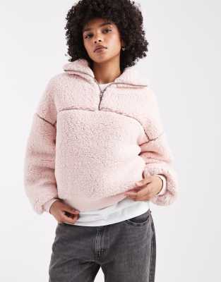 Miss Selfridge Half Zip Borg Jacket In Pink