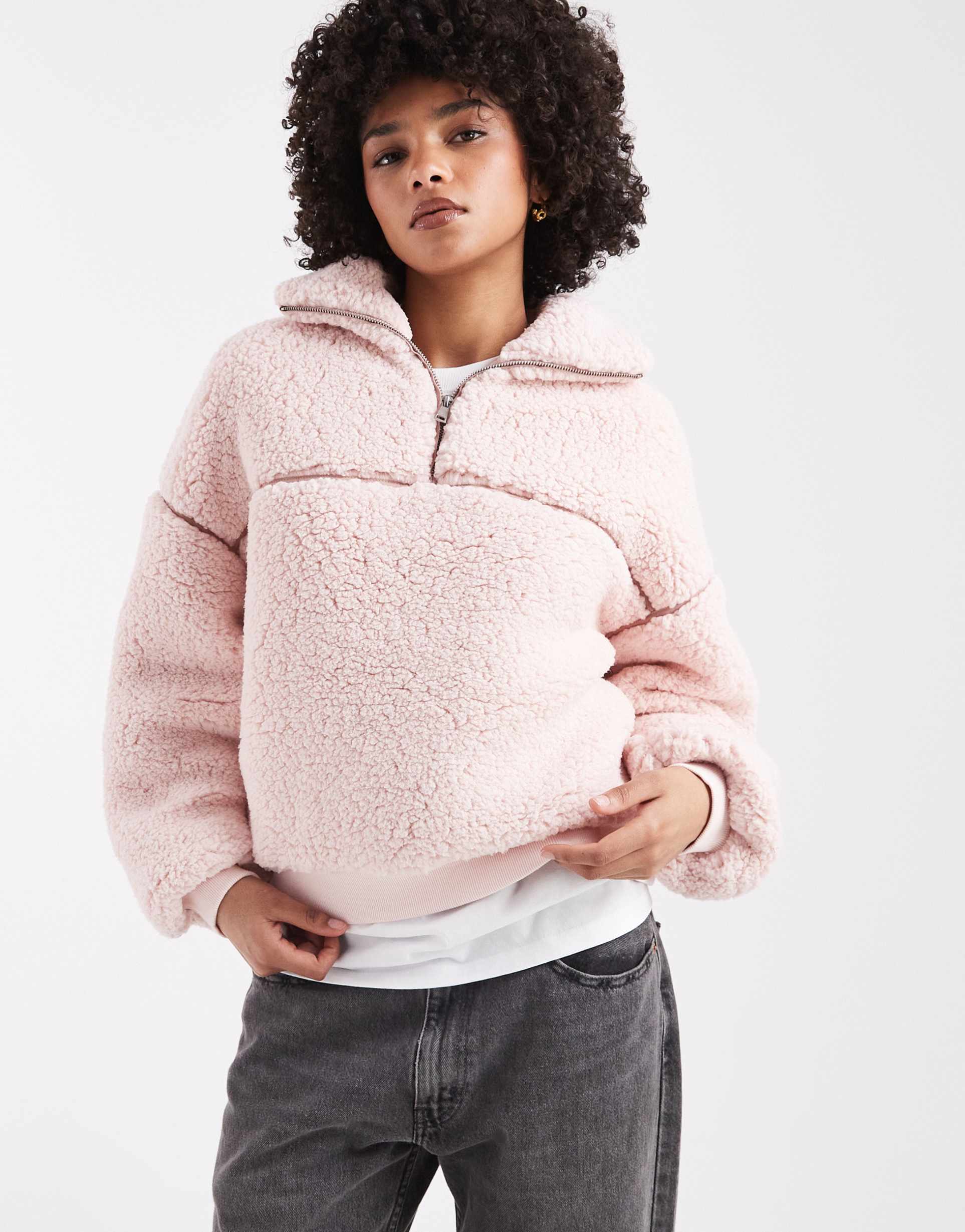 miss selfridge half zip borg jacket in pink