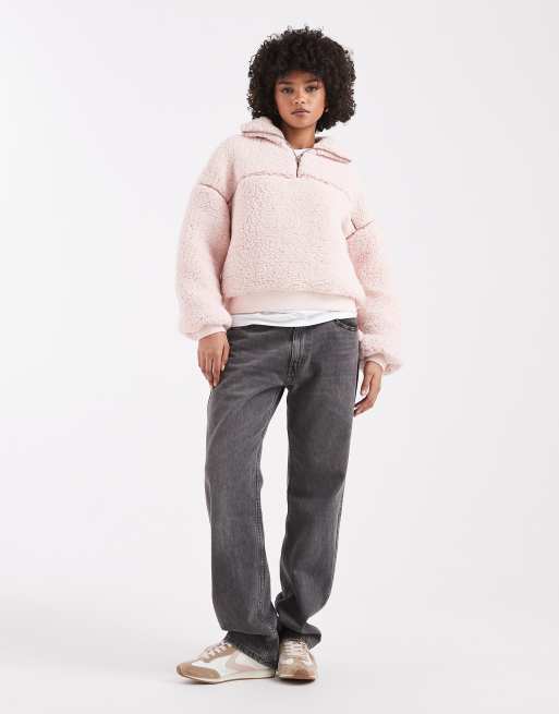 Miss Selfridge half zip borg jacket in pink, 3 of 4