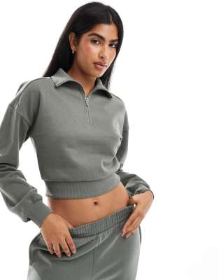 Miss Selfridge Half Zip Crop Sweatshirt In Sage - Part Of A Set-green