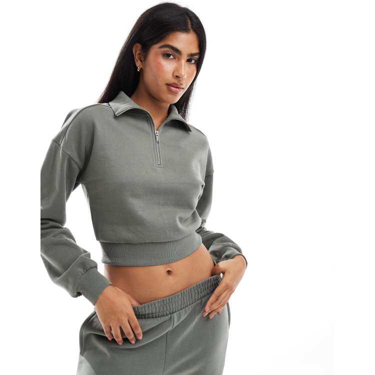 Miss Selfridge half zip crop sweatshirt in sage part of a set ASOS