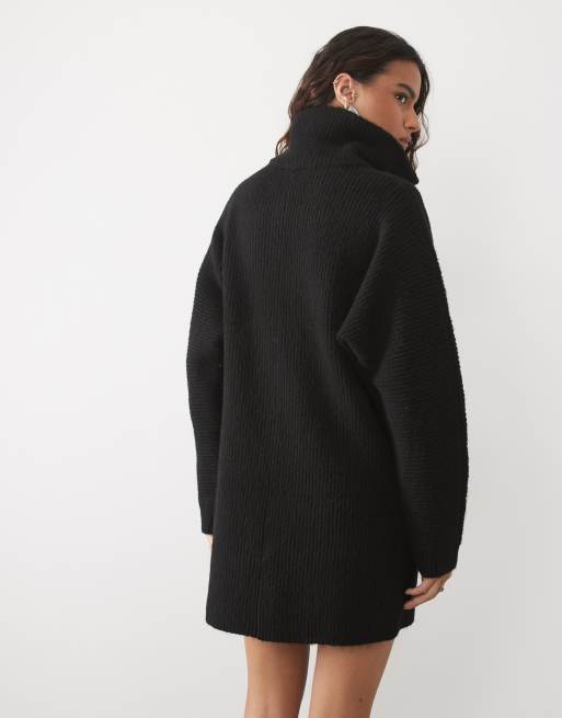 Miss Selfridge Half-Zip-Minikleid mit Fledermausärmeln und Grobstrick in Schwarz, 2 von 4