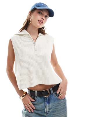 half zip sleeveless knit vest top in cream-White