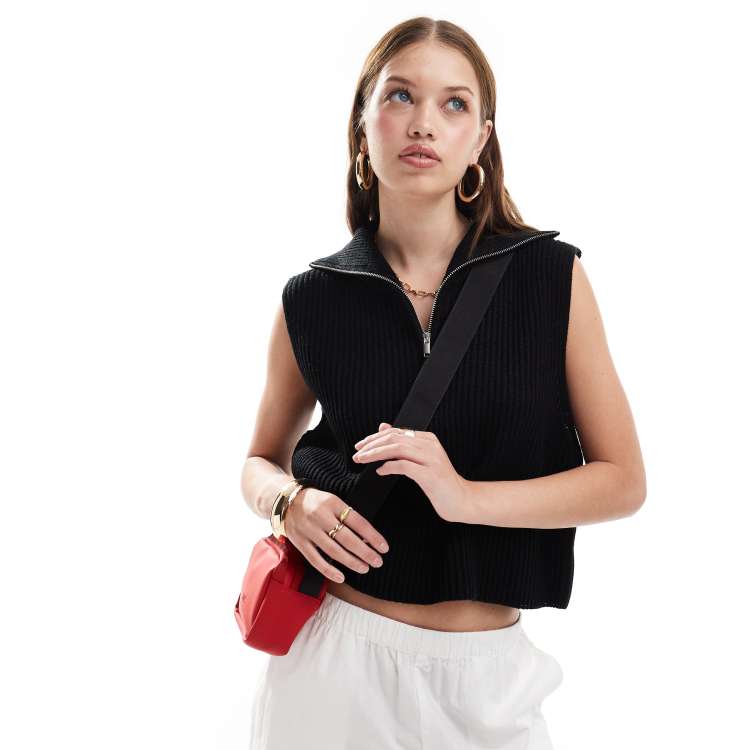 Miss Selfridge half zip sleeveless knitted tank top in black