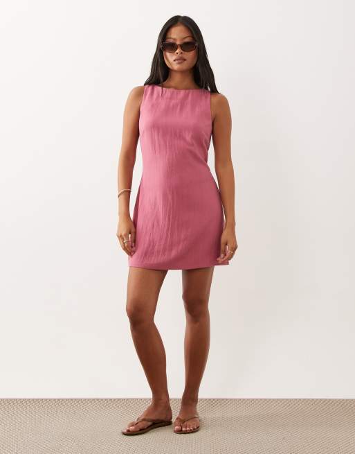 Miss Selfridge – Hallonröd shiftklänning i linnemix, 4 av 4