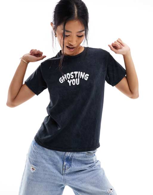 Miss Selfridge Halloween short sleeve ghosting you graphic baby tee in washed charcoal