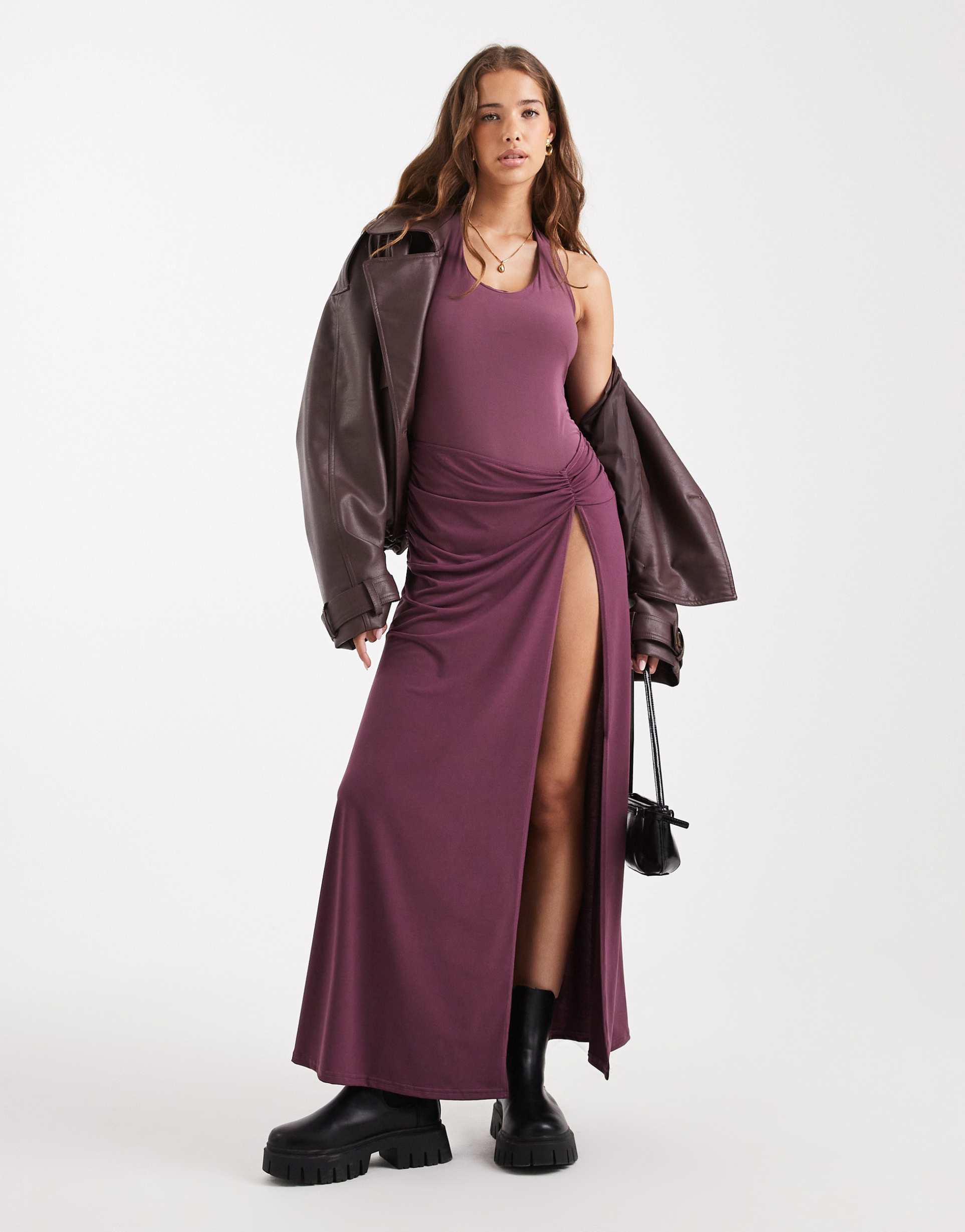 miss selfridge halter neck maxi dress in plum