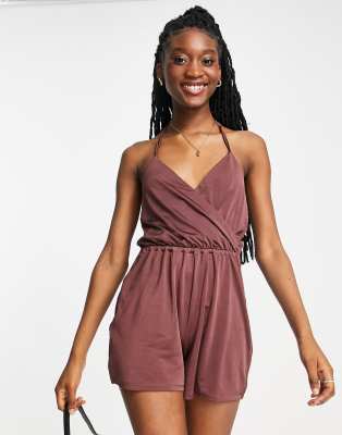 Miss Selfridge halter neck slinky playsuit in chocolate