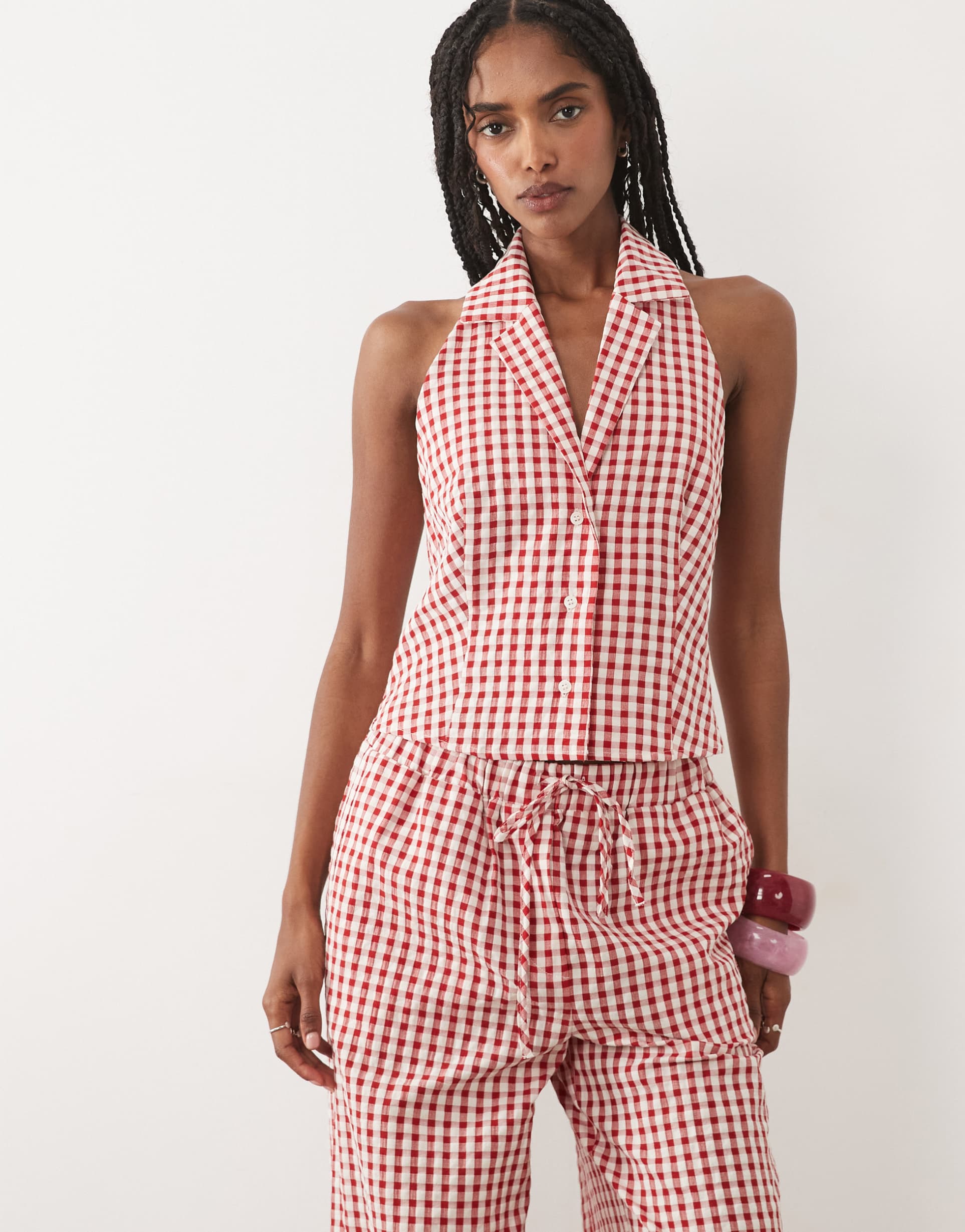 miss selfridge halter neck top in gingham - part of a set