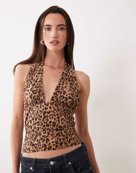 Miss Selfridge halter neck top in leopard print - view 1