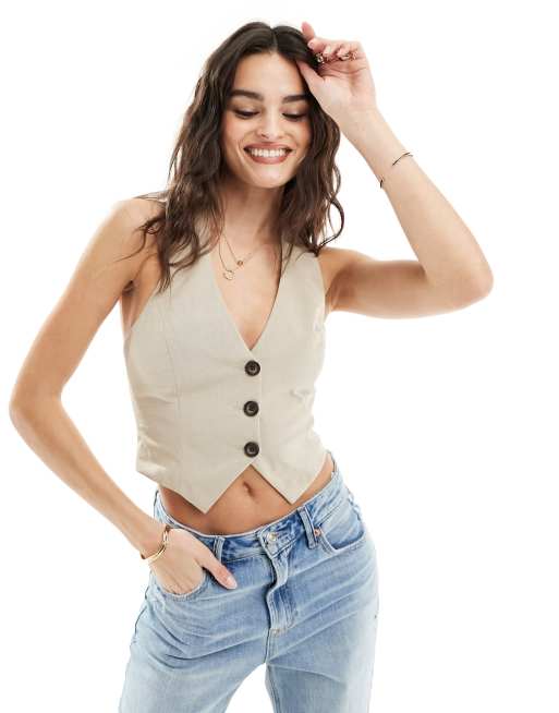 Miss Selfridge halter neck waistcoat in stone | ASOS