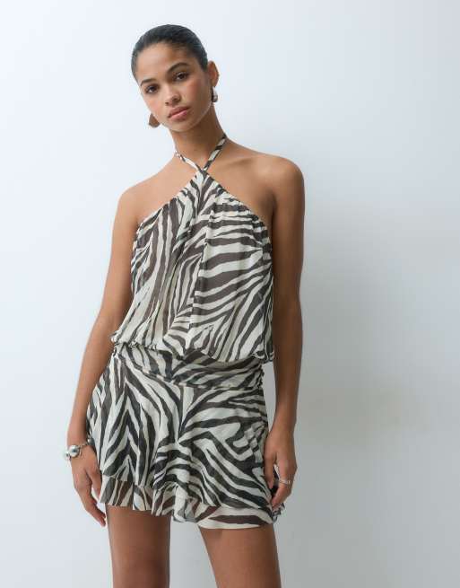 Miss Selfridge halter playsuit in zebra print, 3 of 4