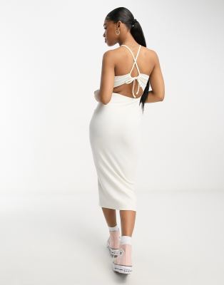 Miss Selfridge Halter Strappy Back Midi Dress In Cream-Brown