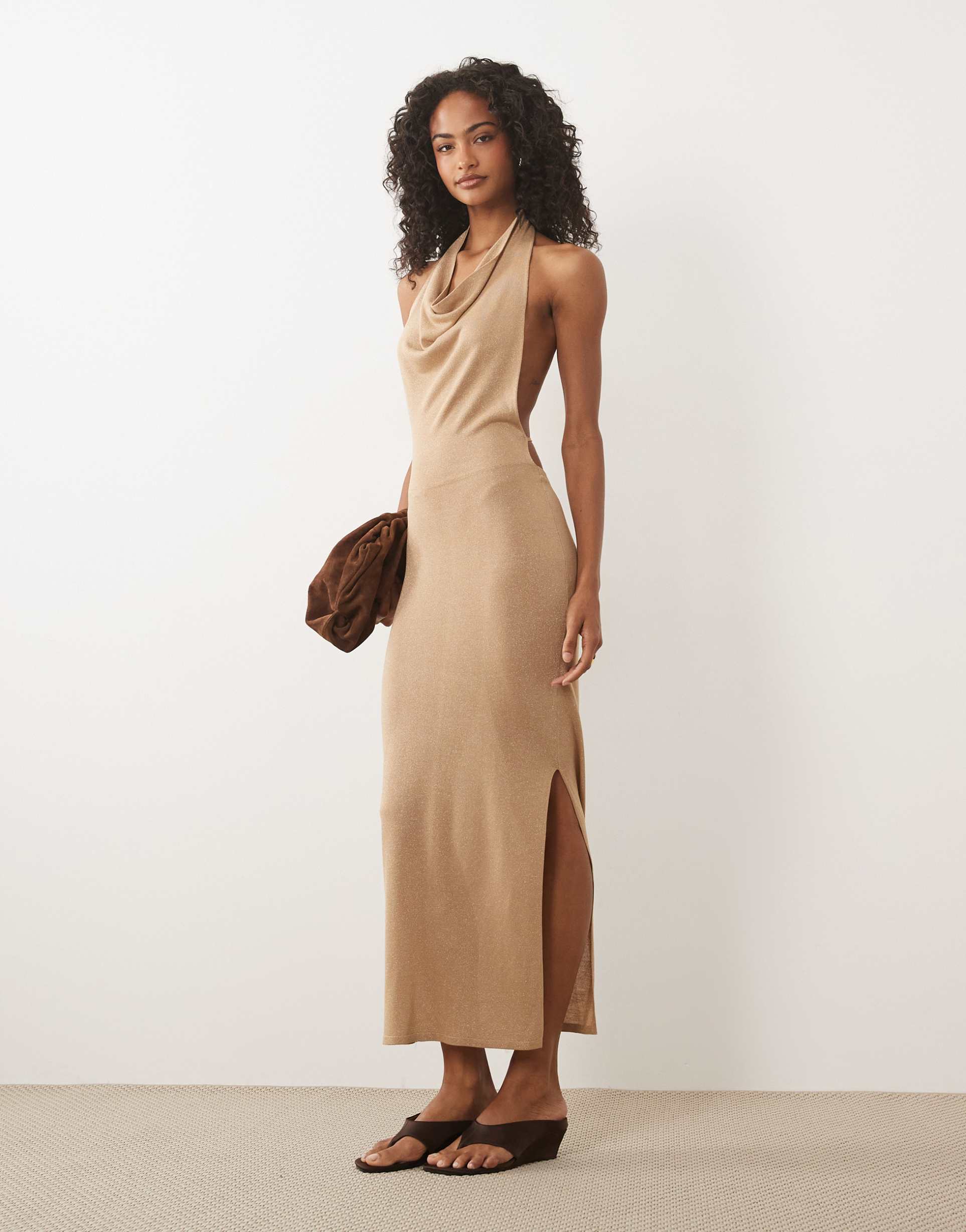 miss selfridge halterneck knit glitter maxi dress in gold