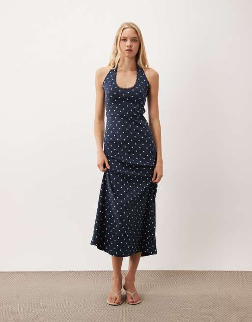 Miss Selfridge halterneck maxi dress in navy polka dot print, 2 of 4