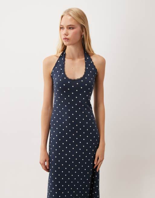 Miss Selfridge halterneck maxi dress in navy polka dot print, 3 of 4