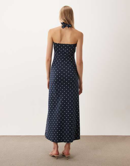 Miss Selfridge halterneck maxi dress in navy polka dot print, 4 of 4