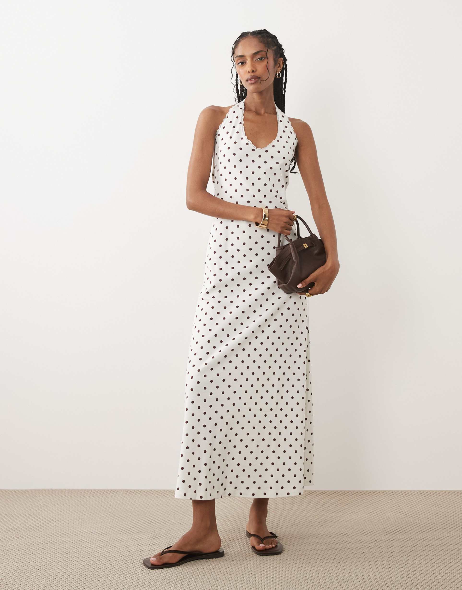 miss selfridge halterneck maxi dress in polka dot print
