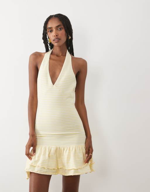 Miss Selfridge halterneck mini dress in buttermilk stripe, 2 of 4