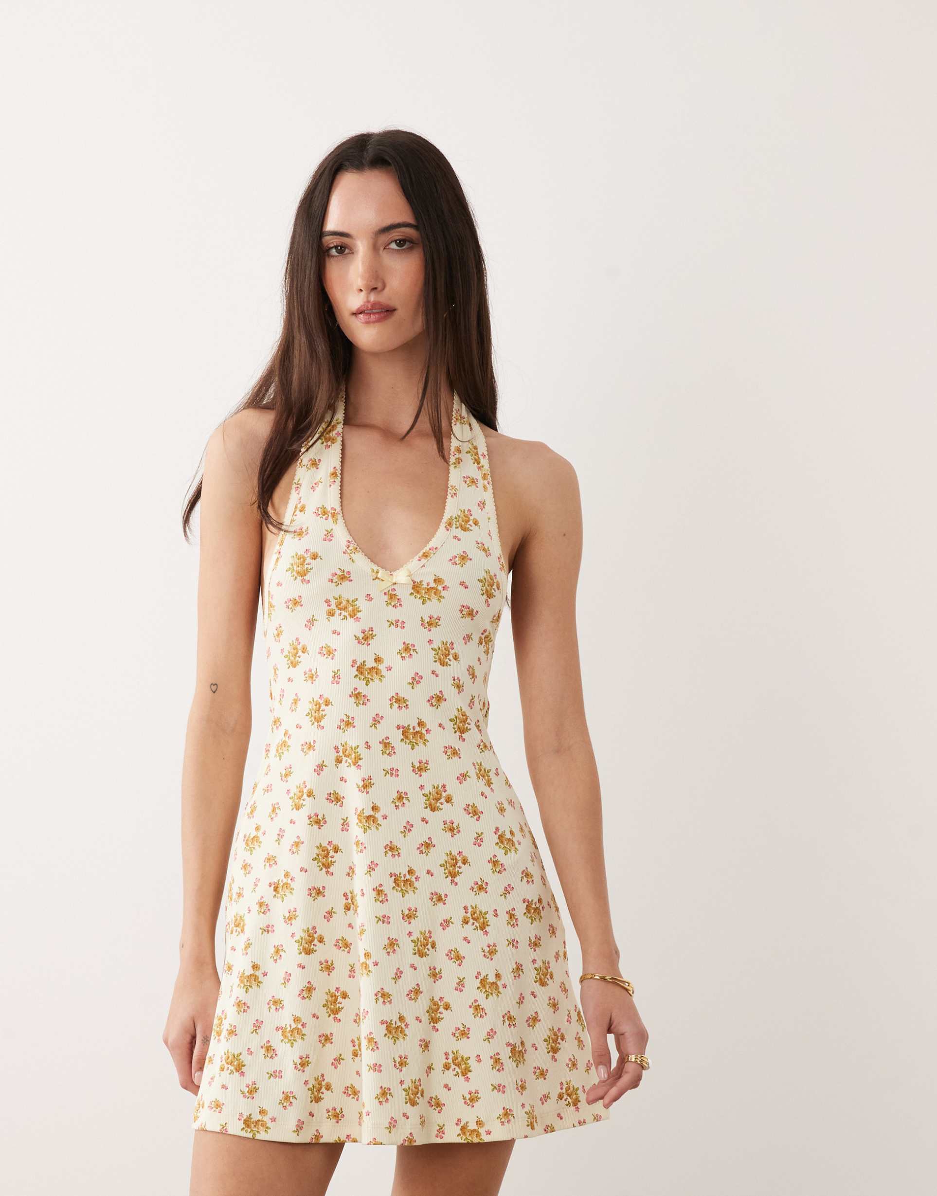 miss selfridge halterneck mini dress with picot edges in floral print