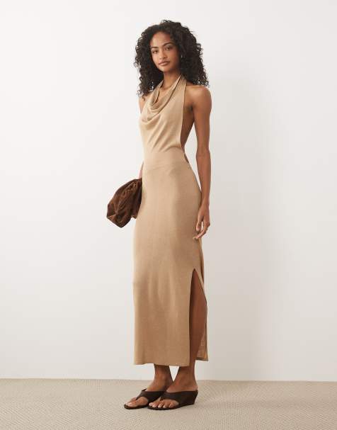 Miss Selfridge halterneck strikket maxikjole med glimmer i guld - view 1
