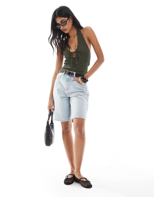 Miss Selfridge halterneck top in olive, 2 of 4
