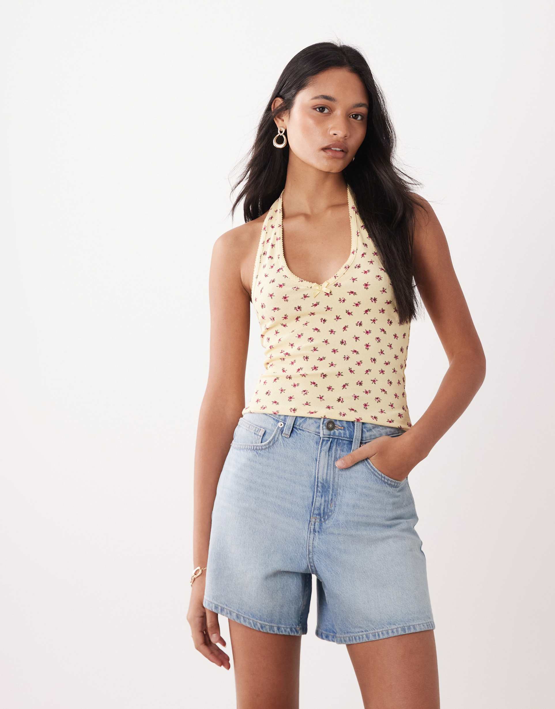 miss selfridge halterneck top with picot trim detail in yellow ditsy print