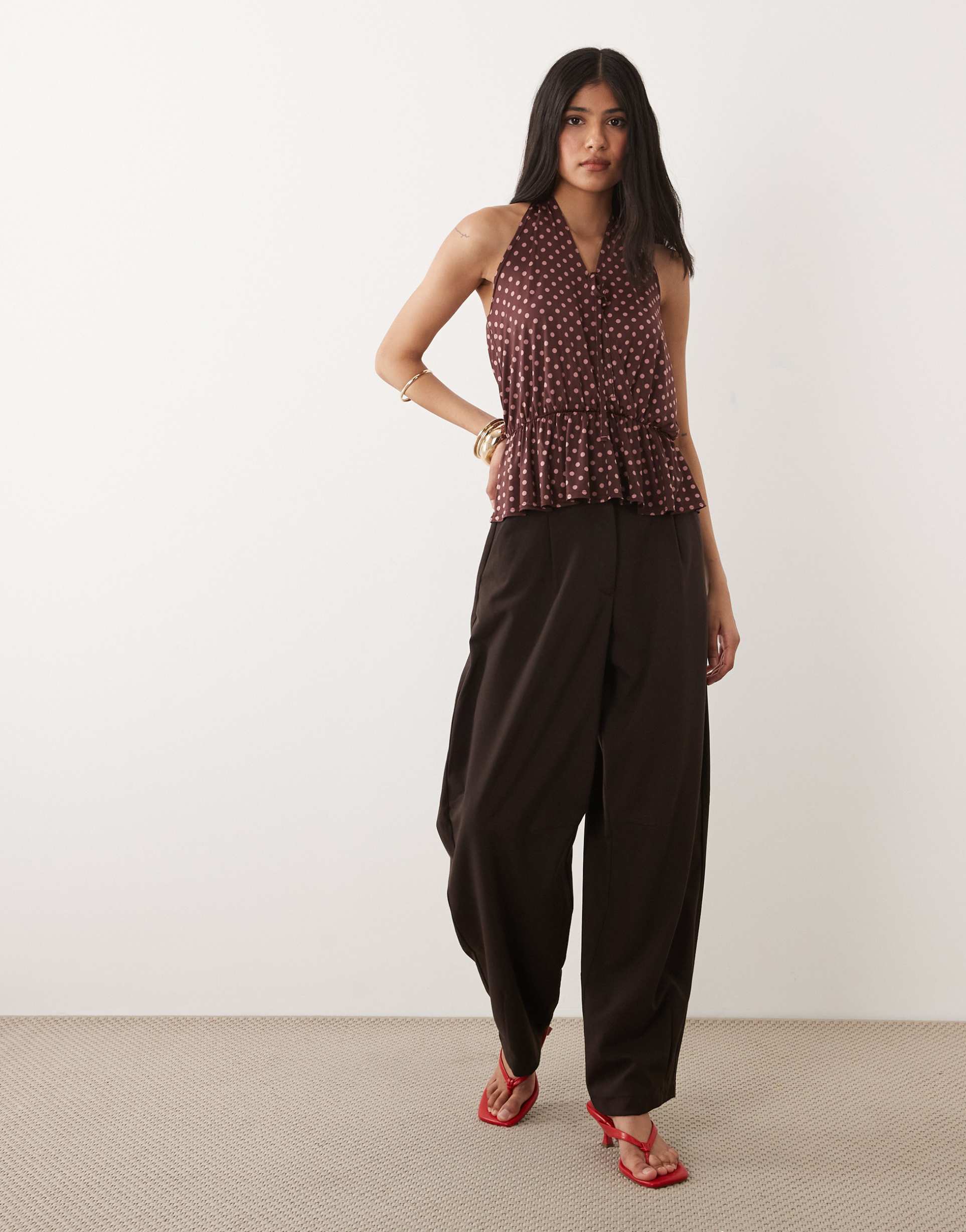miss selfridge halterneck wrap top with gathered waist in polka dot print