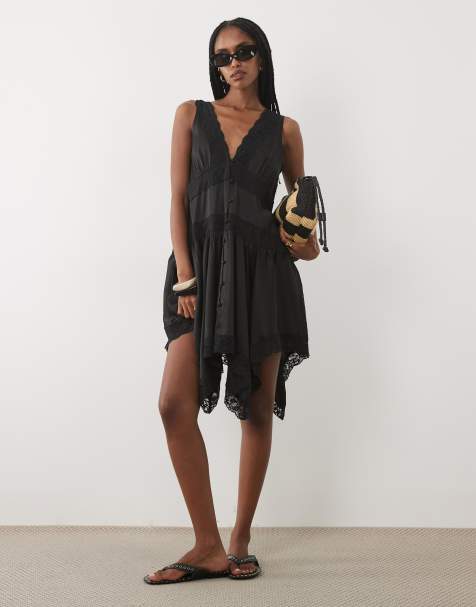 Miss Selfridge handkerchief hem satin mini dress with lace inserts in black - view 1
