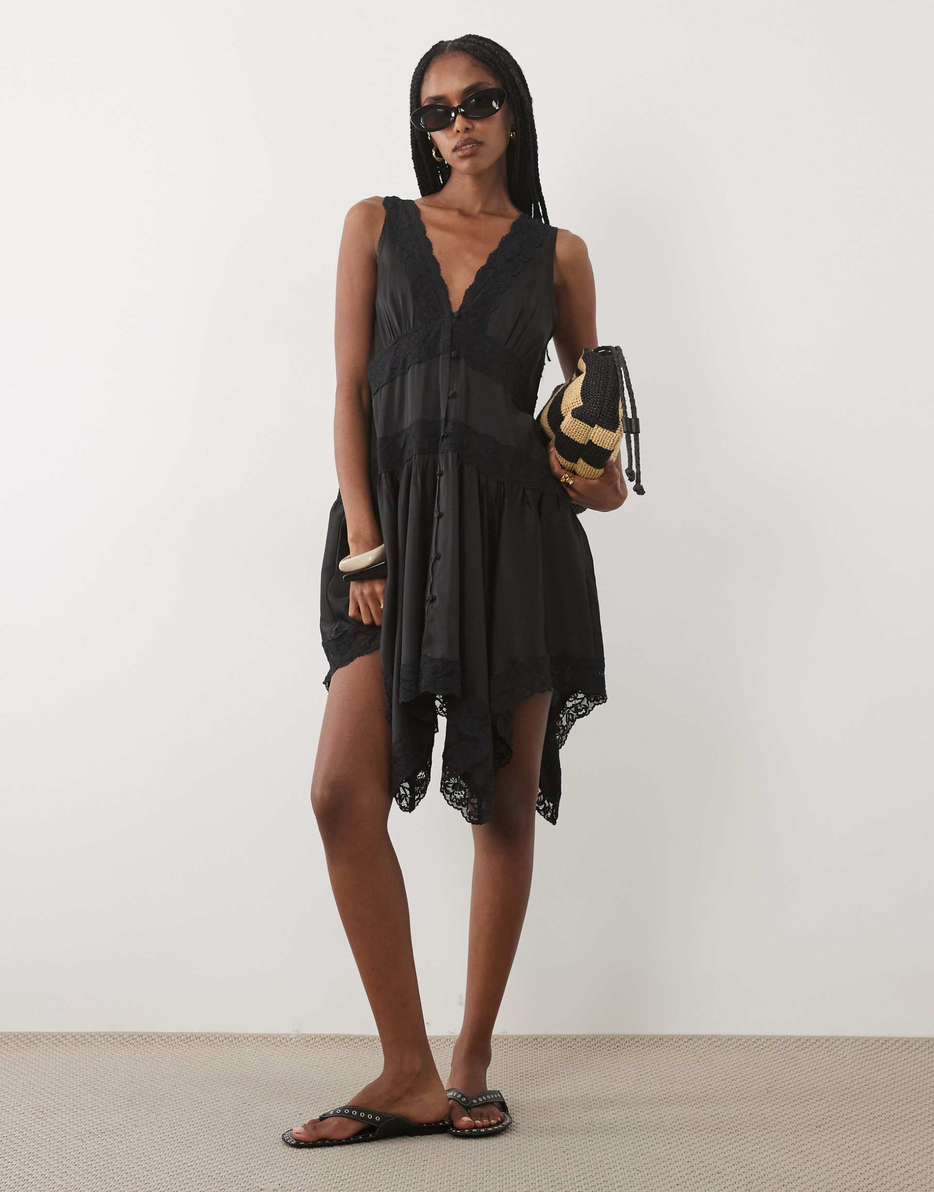 miss selfridge handkerchief hem satin mini dress with lace inserts in black