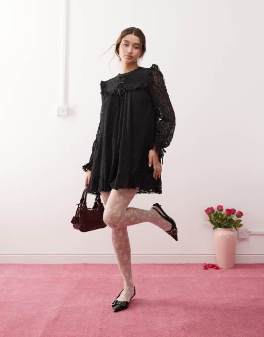 Miss Selfridge – Hängerkleid aus Spitze in Schwarz mit Bändern und Rüschen, 3 von 4