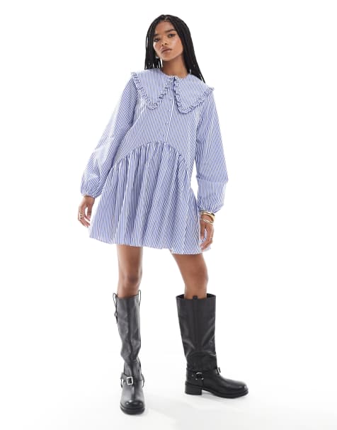 Miss Selfridge – Hängerkleid in blau gestreift mit Oversize-Kragen - view 1